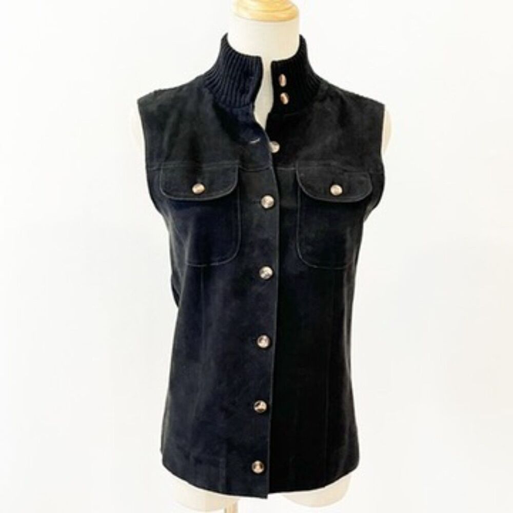 J.McLaughlin Black Leather Suede Knit Vest Button Front XS Ribbed Pockets